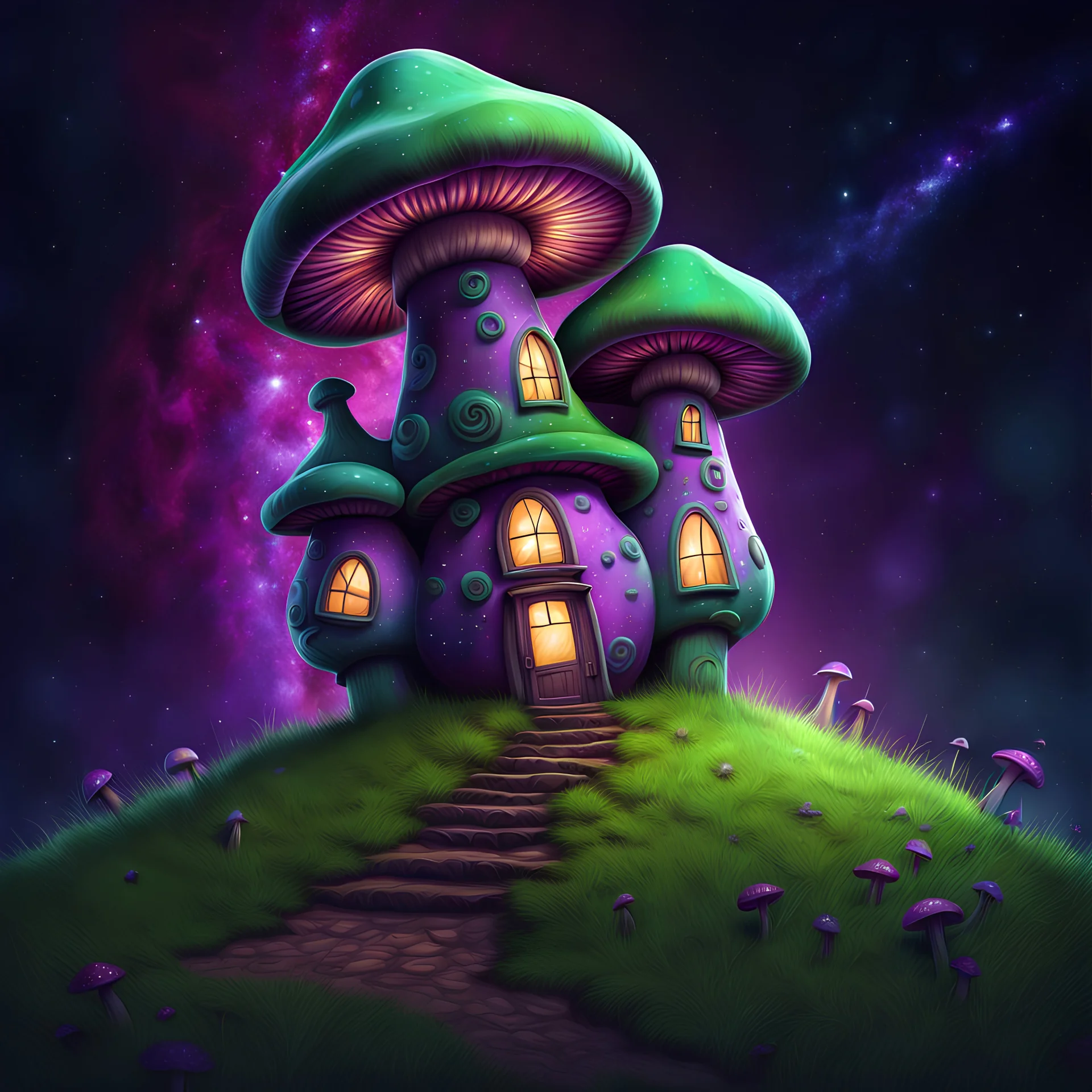 colorful green and violet mushroom house on a tall dirt pillar with a grassy top in outer space. stars, grass, mushroom house, dirt pillar. Detailed gloss Painting, rich color, fantastical, intricate detail, splash screen, hyperdetailed, insane depth, concept art, 8k resolution, trending on artstation