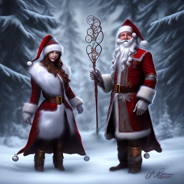 two elves. woman and man. Christmas scene. photorealistic. low-key