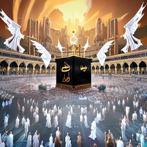 The scene in Mecca: People wearing white Ihram clothes, men without head coverings, women with veils, circumambulating around the Kaaba, and above them are transparent white spirits of children, men, and women with wings revolving around the Kaaba.