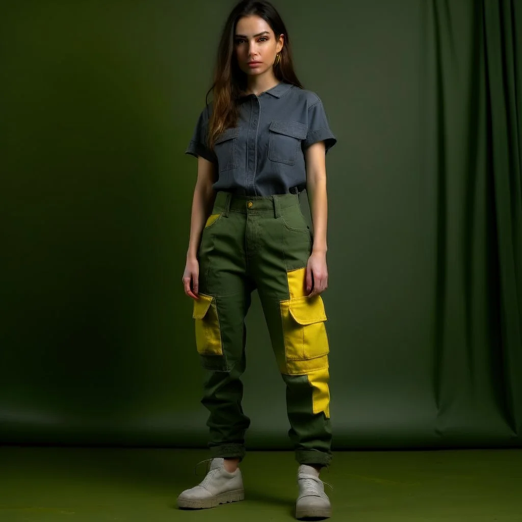 Women model catwalk wearing cargo jeans with patch jellow and green