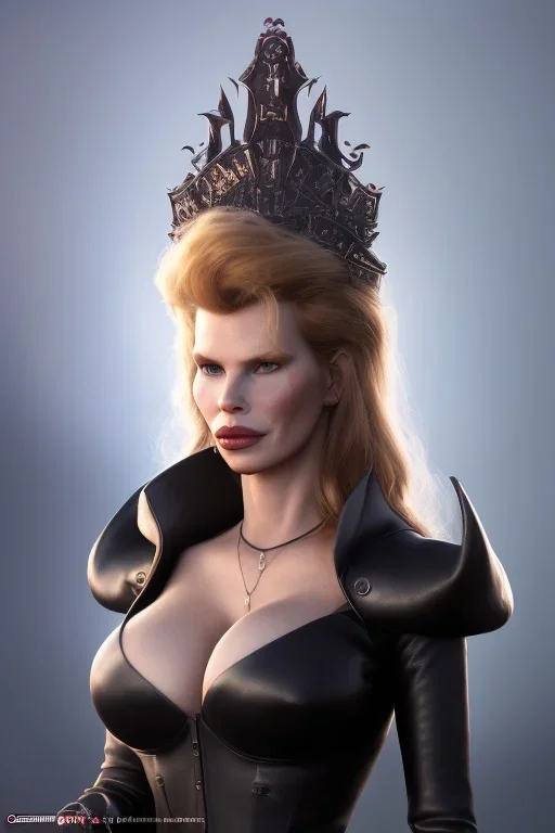 Kim Basinger as evil queen in black leather, busty, cleavage, curvy, angry, stern look. character design by cory loftis, fenghua zhong, ryohei hase, ismail inceoglu and ruan jia. unreal engine 5, artistic lighting, highly detailed, photorealistic, fantasy