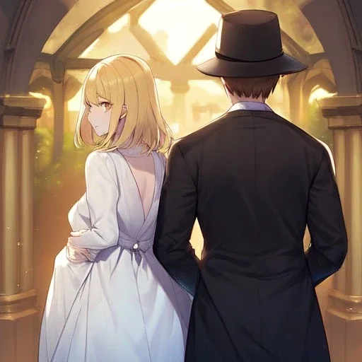 anime couple, couple is standing back to back, female has white dress on and has long blonde hair, male is wearing black coat and has dark brown short hair with a hat on