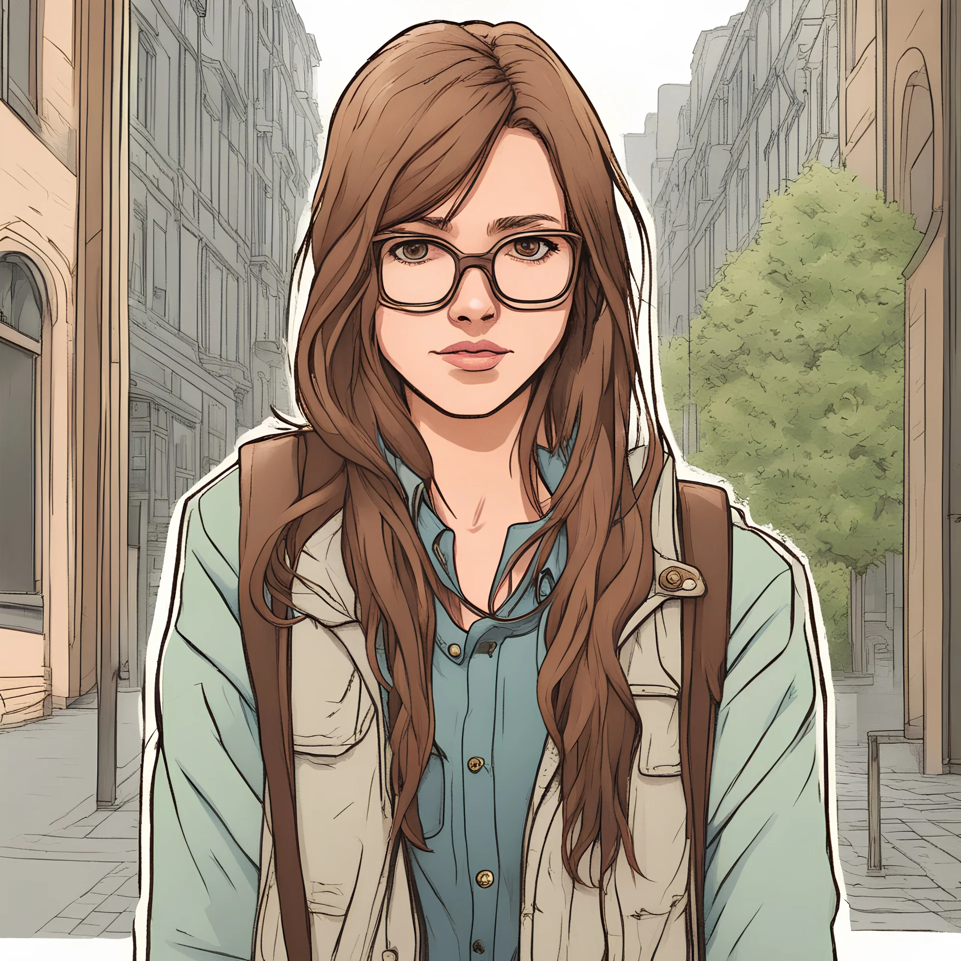 portrait d'une femme de 28 ans Belge aux cheveux brun e tlong, les yeux brun, geek, style manga, couleur très vives, tête bien cadrée sans détourage