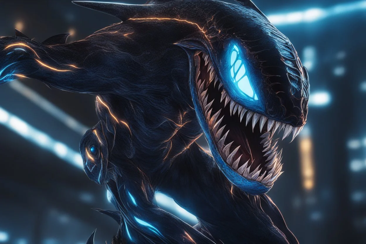 Huge venom in 8k solo leveling shadow drawing, shark effects, neon blue lights, sea, intricate details, highly detailed, high details, detailed portrait, masterpiece,ultra detailed, ultra quality