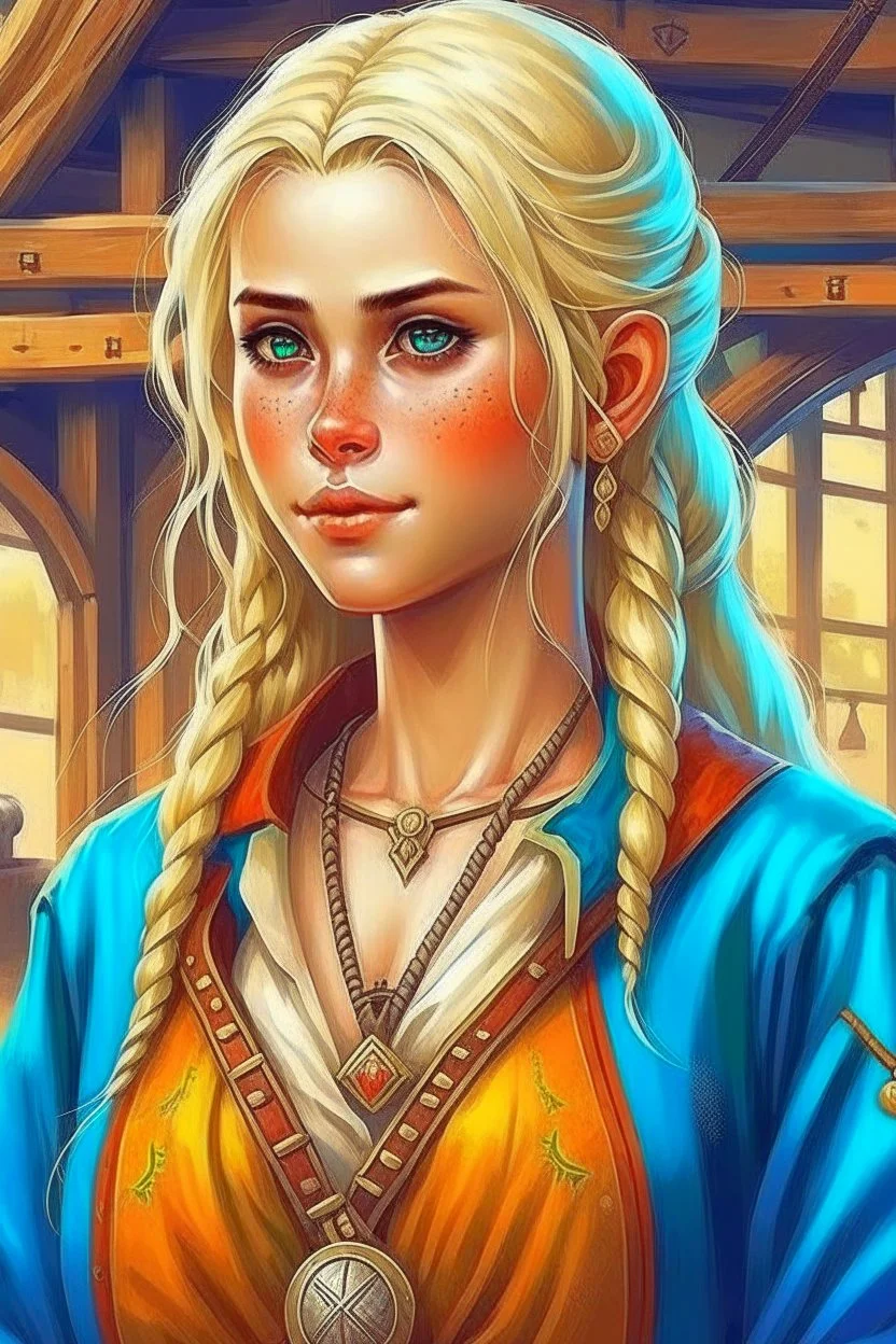 pretty girl, aged 25, blonde, conventionally attractive, bright clothes, medieval, viking, realism, adventurer, vampire