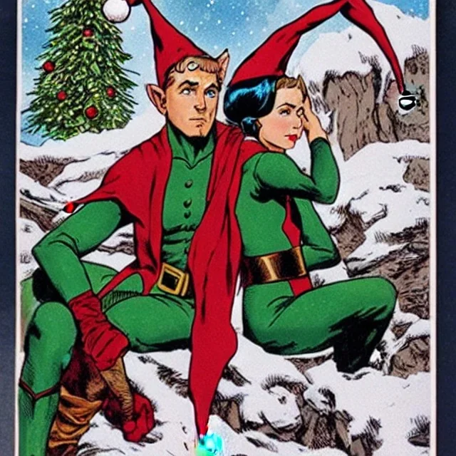 two elves. woman and man. Christmas scene. poster. marvel comic. low-key