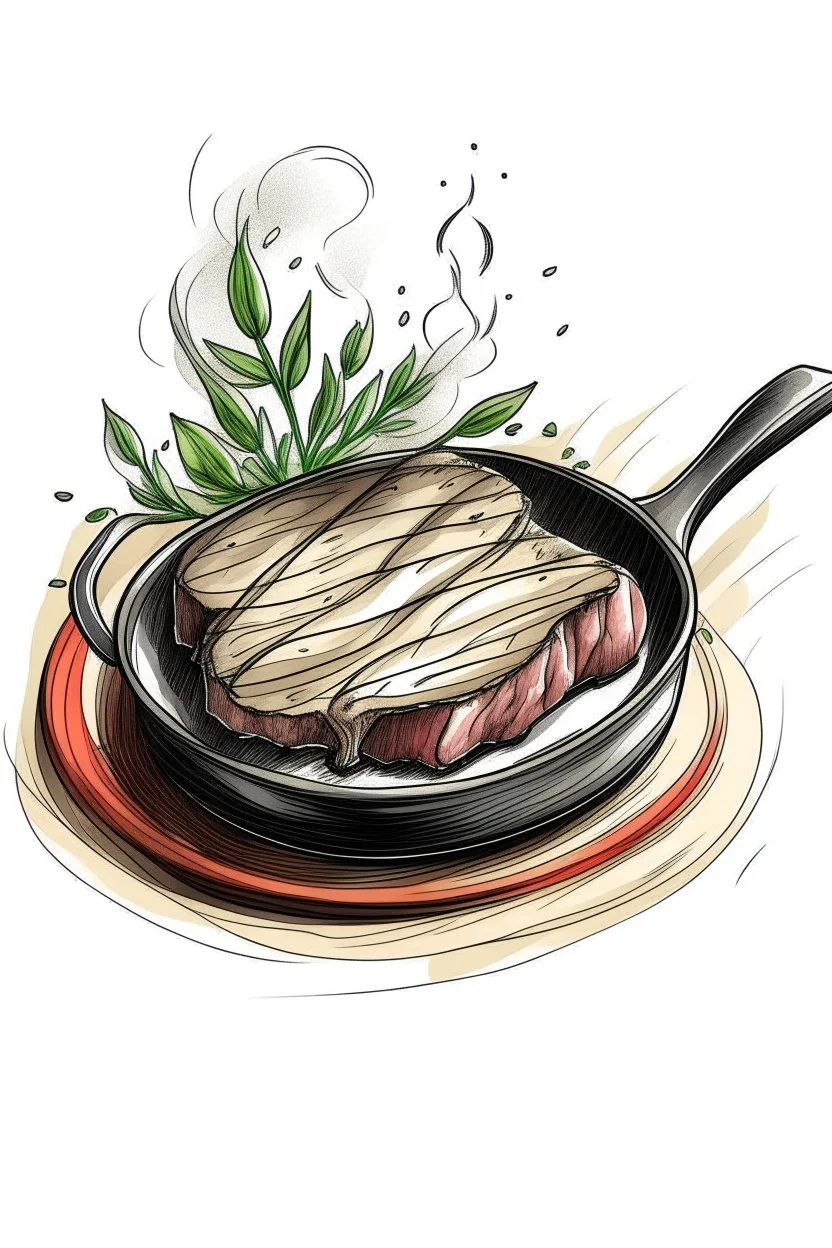 A cast iron skillet with a perfectly seared steak resting inside, steam rising from the edges. A sprig of fresh rosemary and a halved garlic clove lie beside it. Style: Rustic, Mood: Hearty, Lighting: Warm kitchen light, T-shirt design graphic, vector, contour, white background.