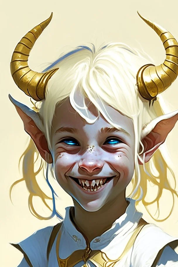 a child tiefling girl with white-blond hair and small horns, she wears white and gold and is happy