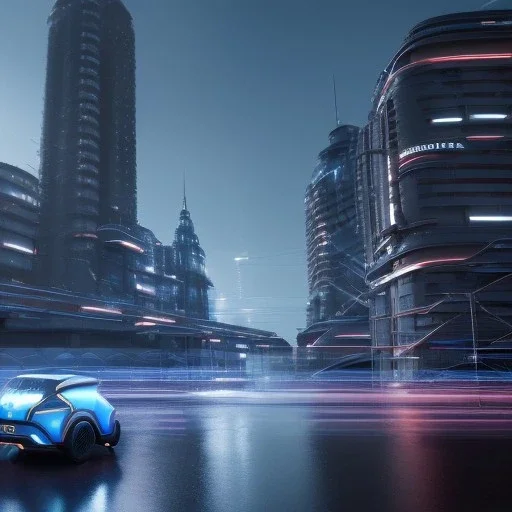 Renault Zoë, futuristic city, blue,