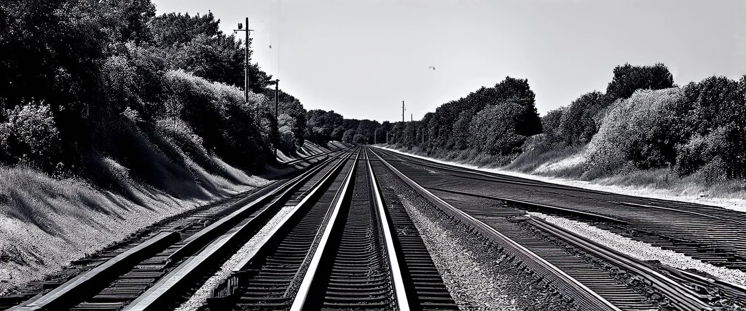 side view of Railroad tracks passing from left to right , grayscale, oval fade boarder vignette
