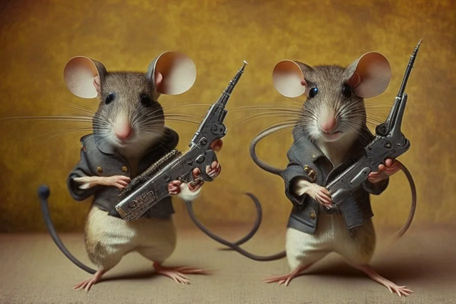 pulp-fiction costumed taxidermy mice with guns in hands