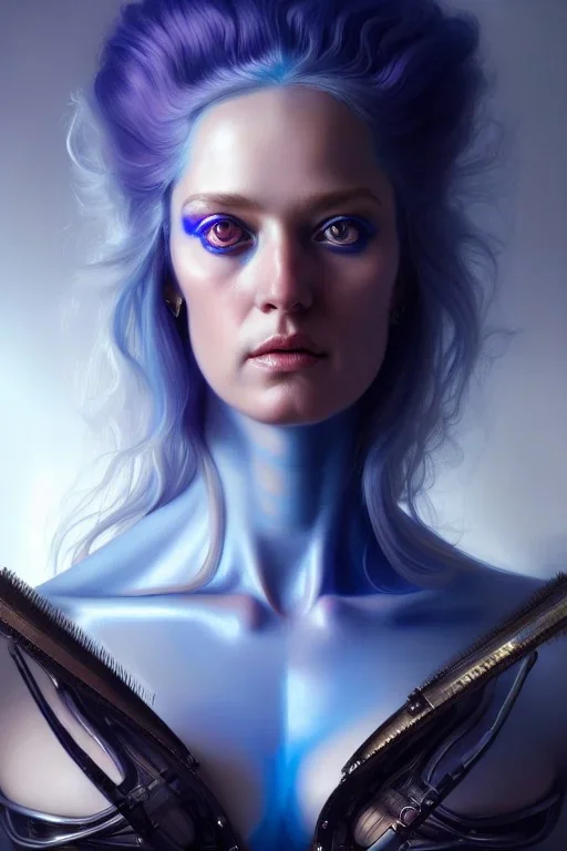 hiper realista, hiper detalhado, retrato de corpo inteiro, no estilo renascentista, de uma mulher incrivelmente bonita com implantes biônicos, cabelos azuis, olhos brilhantes, arte de greg rutkowski, artgerm, wlop, rossdraws, boris vallejo