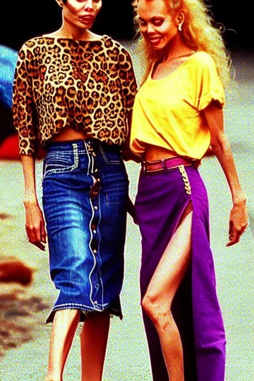 year 1996 denim fashion. Loose skirt, low waist. Colors: denim blue, blue, purple, cream, khaki, light green, lilac, plum, orange, terracotta, red, light yellow, lion yellow, pink, dark blue, beige. leopard, Cheetah . Angelina Jolie, Kylie Minogue, Angelika Kallio, Tyra Banks,