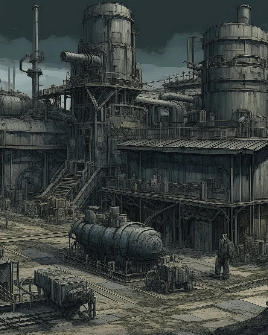 A dark gray metal factory with mechs painted by Vincent van Gogh