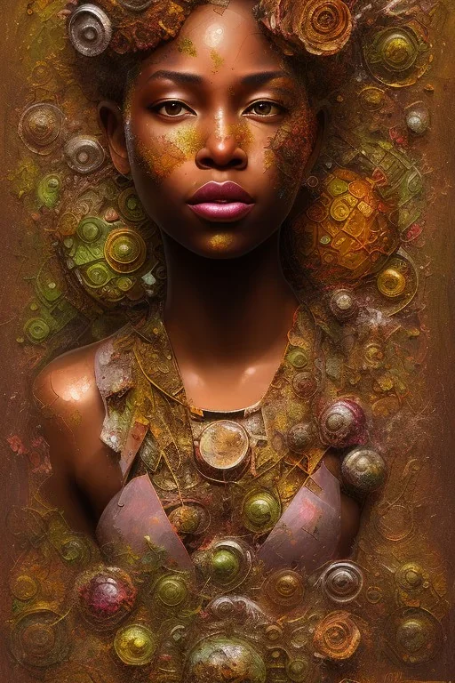 an abstract painting of rusted metal and flowers, african portrait, rust, scaffolding, iron cladding, decay, mixed media, textured, anatomically correct, beautiful perfect face, sharp focus, highly detailed