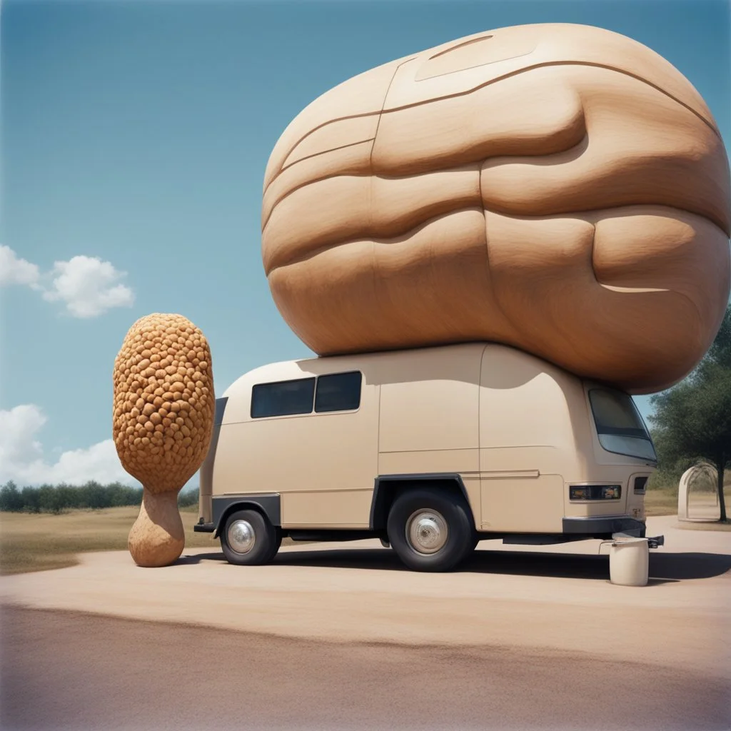 Polaroid picture of a RV parked next to a colossal peanut sculpture, tourist strange roadside attraction, fantastical, realistic, road trip picture