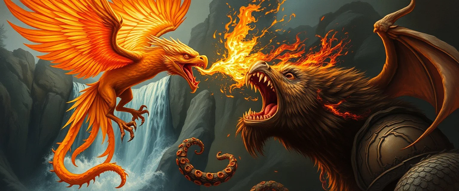phoenix octopus bird witch bear dragon waterfall looks beyond really powerful slapping a bird in the face with fire, fantasy illustration, in the style of Rembrandt