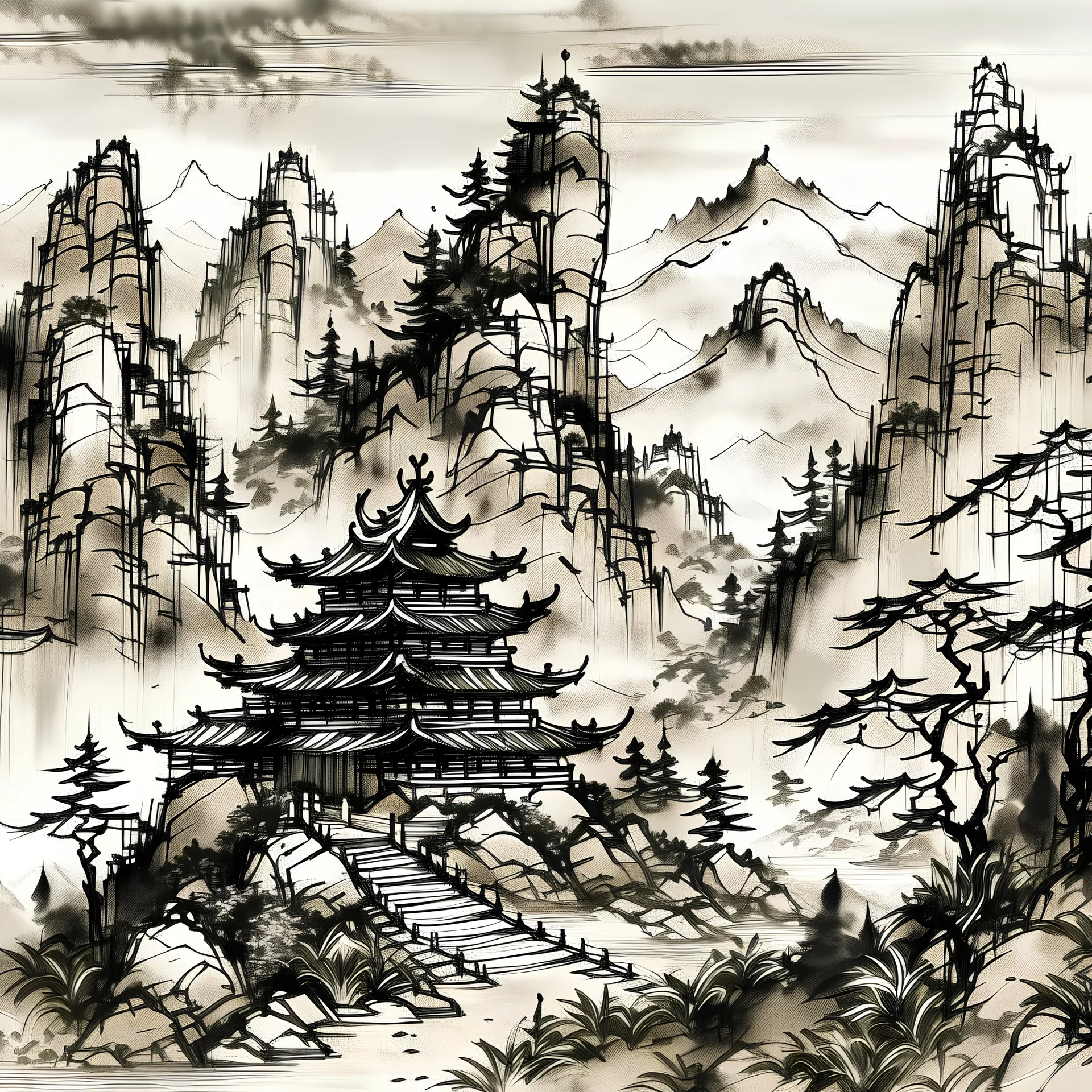 Temple in the mountains, Japanese Style Landscape, painted with ink