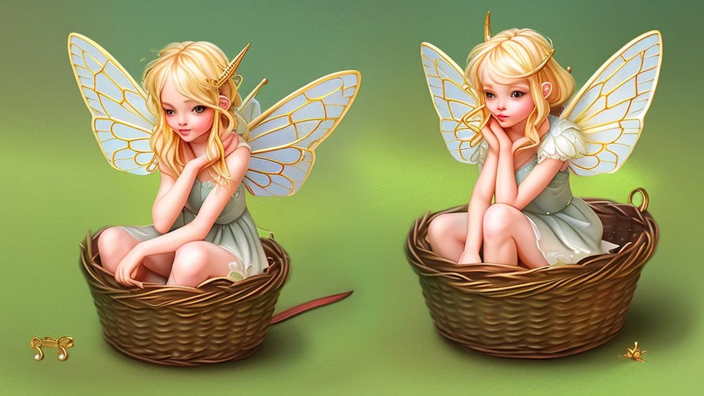 Fantasy style illustration: small, cheerful fairy with golden hair, sitting in a small basket. The basket is an earring on the ear of a big giant.