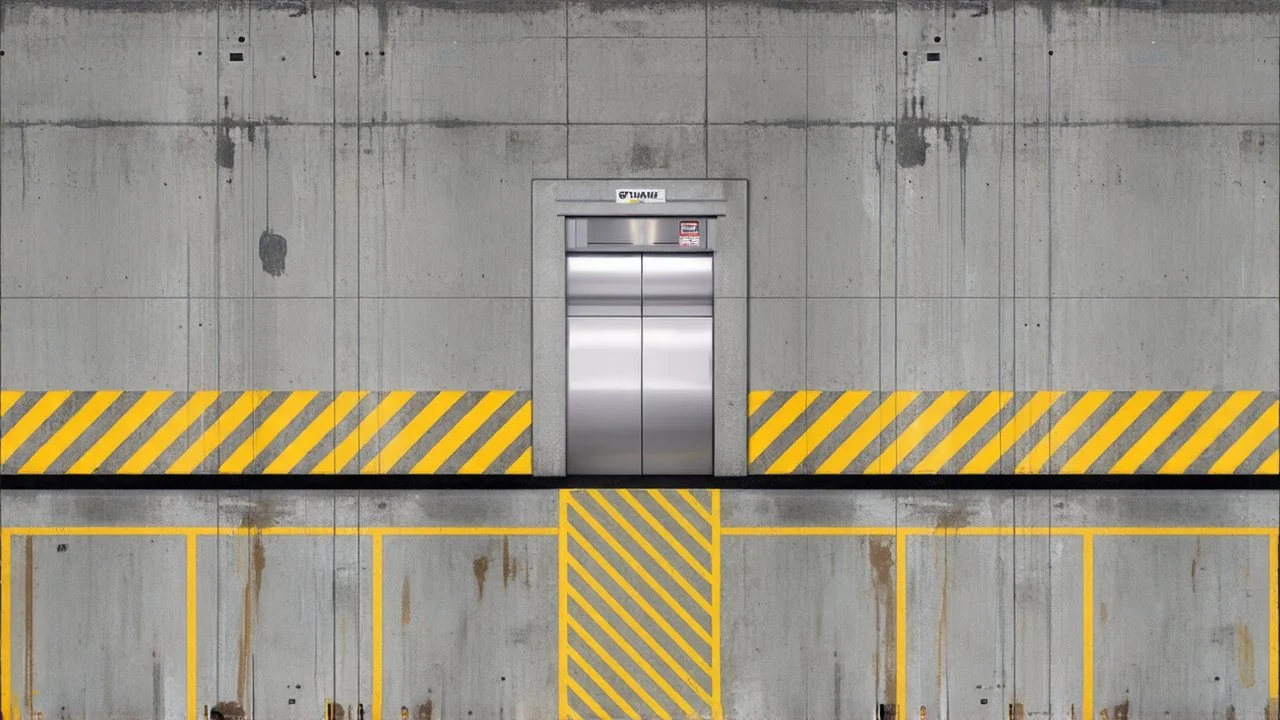 wall design for parking garage, concrete, yellow marking lines, hazard lines, weathering and water stains, elevator doors in middle.
