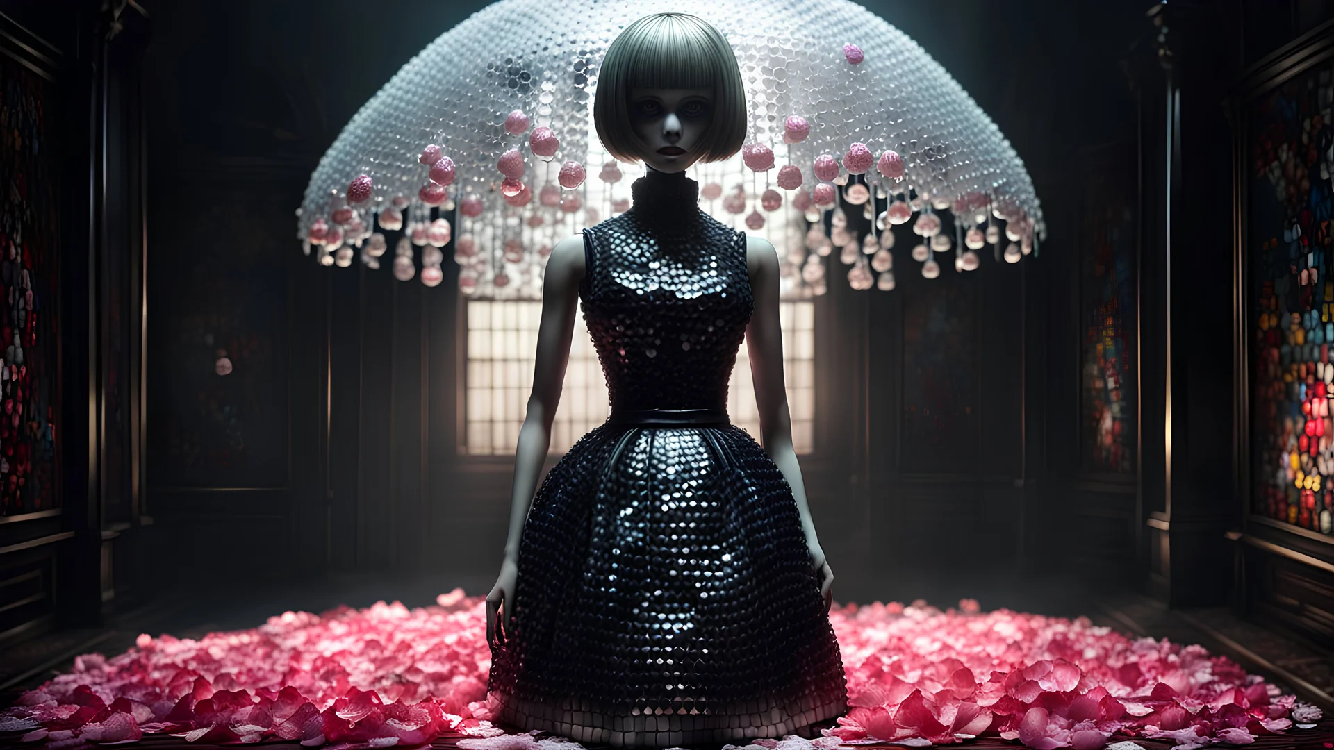 A gritty horror game rendering of a creepy posable art mannequin wearing a bubblewrap skirt with articulated joints, art style of Silent Hill, decaying, liminal spaces, shimmering hair, eerie, flirty, painted mosaic porcelain, wet, glossy, flickering eyes, colorful flower petals, morbid, macabre, 16k resolution, high quality, sharp focus, intricate details, highly detailed, chaotic, dynamic lighting, backlit, photorealism, canon lens, full figure shot, deep color, black, white and crimson hour.