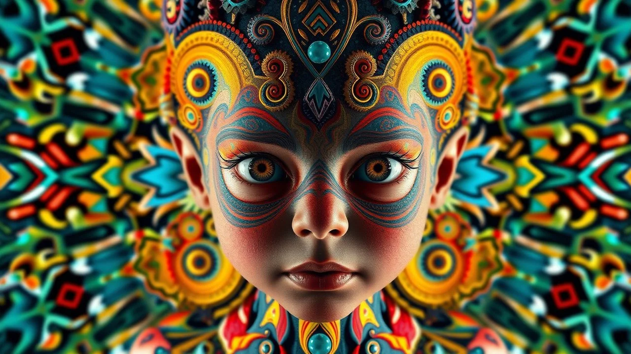 3D symmetrical rendering of an enigmatic expressively detailed and intricate, hyperrealistic dreamscape child: symmetric, front view, colorful paint, tribalism, steampunk, shamanism, cosmic fractals, dystopia, telepathy, 8k, high-resolution, realistic, surrealistic, v-ray,quixel megascans render, sintane render, dramatic volumetric lighting exquisite composition, beautiful detailed intricate detailed octane render, artistic photography, photorealistic, perfect light, chiaroscuro