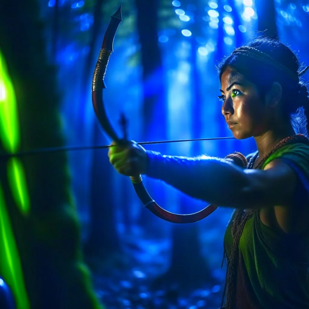 portrait of orissa kelly shooting bow and arrow in the underground grove glowing light, in the style of escher, 8k, down-light, soft light, depth of field, photo realism, trending on art station, high detail, smoke and fog