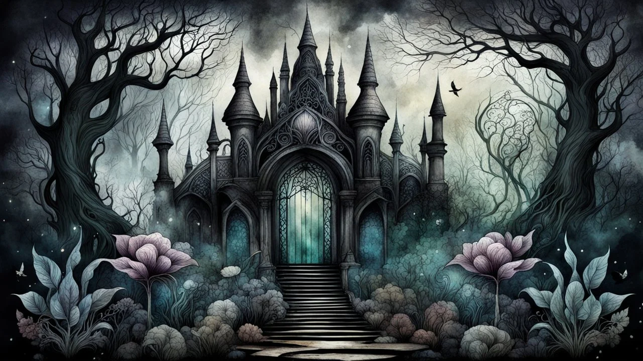 an unreal and whimsical mystic garden, dark fantasy art style, intricate details, dreamlike atmospheres, fog, watercolor and pencil drawing textures, vintage aesthetics, and mystic, dark elements, deep dark colors, high textures, dark fantasy, crepy stunning,