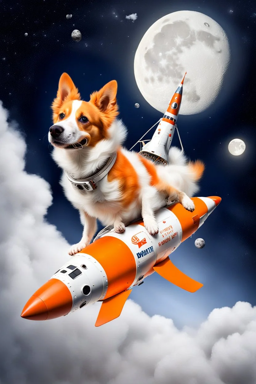 white and orange dog flies to the moon on top of the a rocket