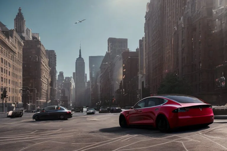 A Tesla 'Model Y' is racing at top speed, near the Flatiron Building in Manhattan. (CINEMATIC, WIDE ANGLE LENS, PHOTO REAL)