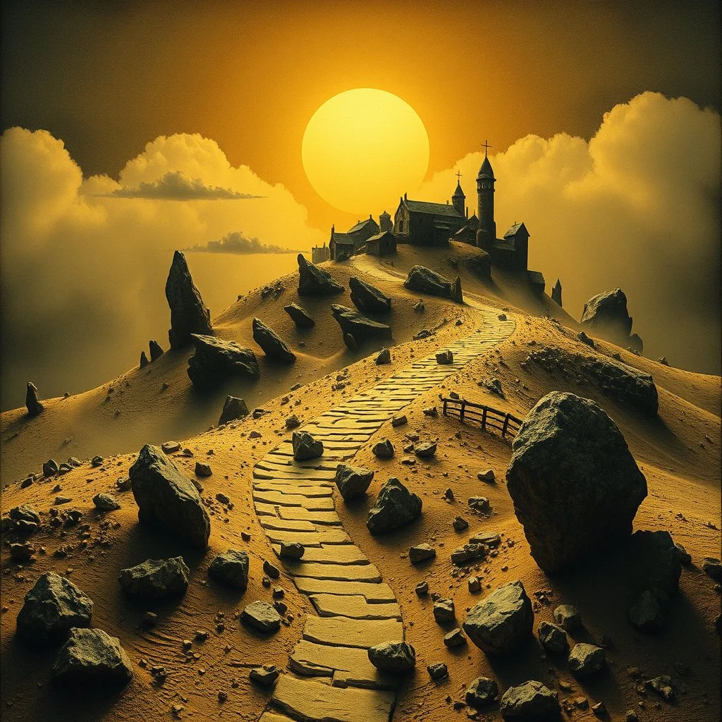 A wasteland with village on the top of a hill, creepy, details of the dust very accentuated, glossy organic mass, adorned with minerals and rocks. Decal, bas-relief. Bathed in intense light, eerie, Max Ernst style, black sun, fog