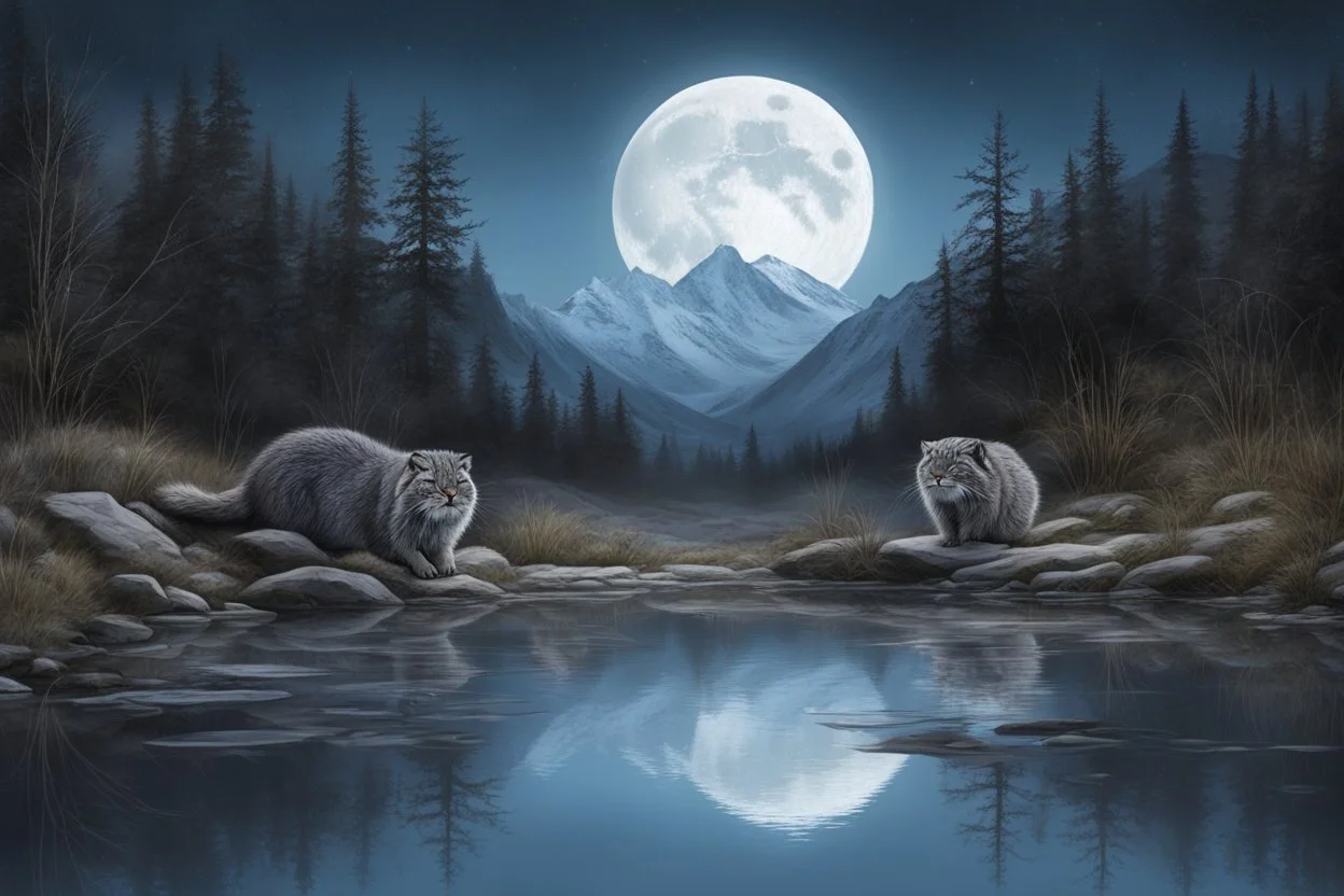 black, blue and white colors, hunting manul, fullmoon, pond, mountain, forest