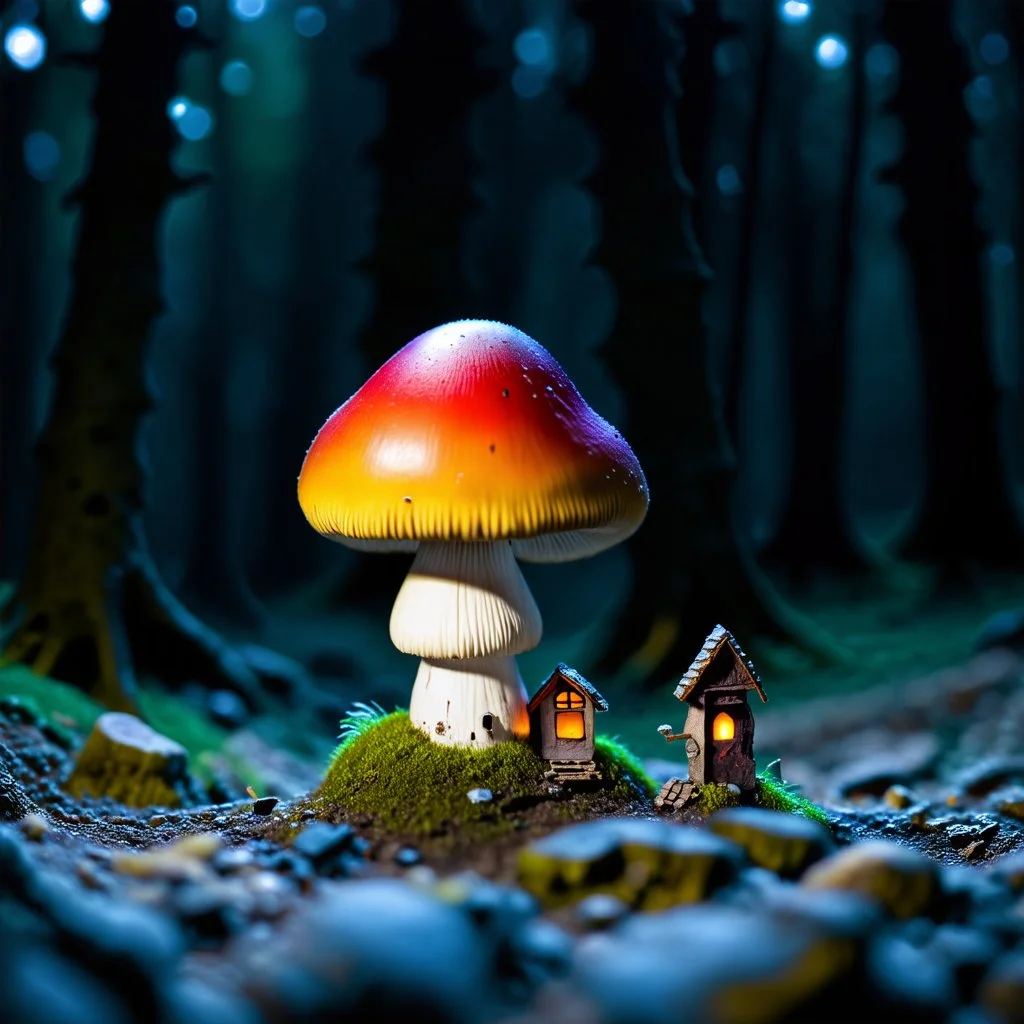 "Close up of a wonderful tiny Mushroom Tower home. Red and yellow with bright white, deep black and contrasting tones of gray magenta and violet colors. Illuminated bioluminescent forest. Professional painter, master at composition. small but detailed. broken, blurred background, voluminous lighting"