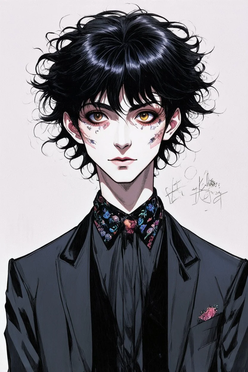 black hair, 19year old, male, alchemist, in the style of Harry Clarke