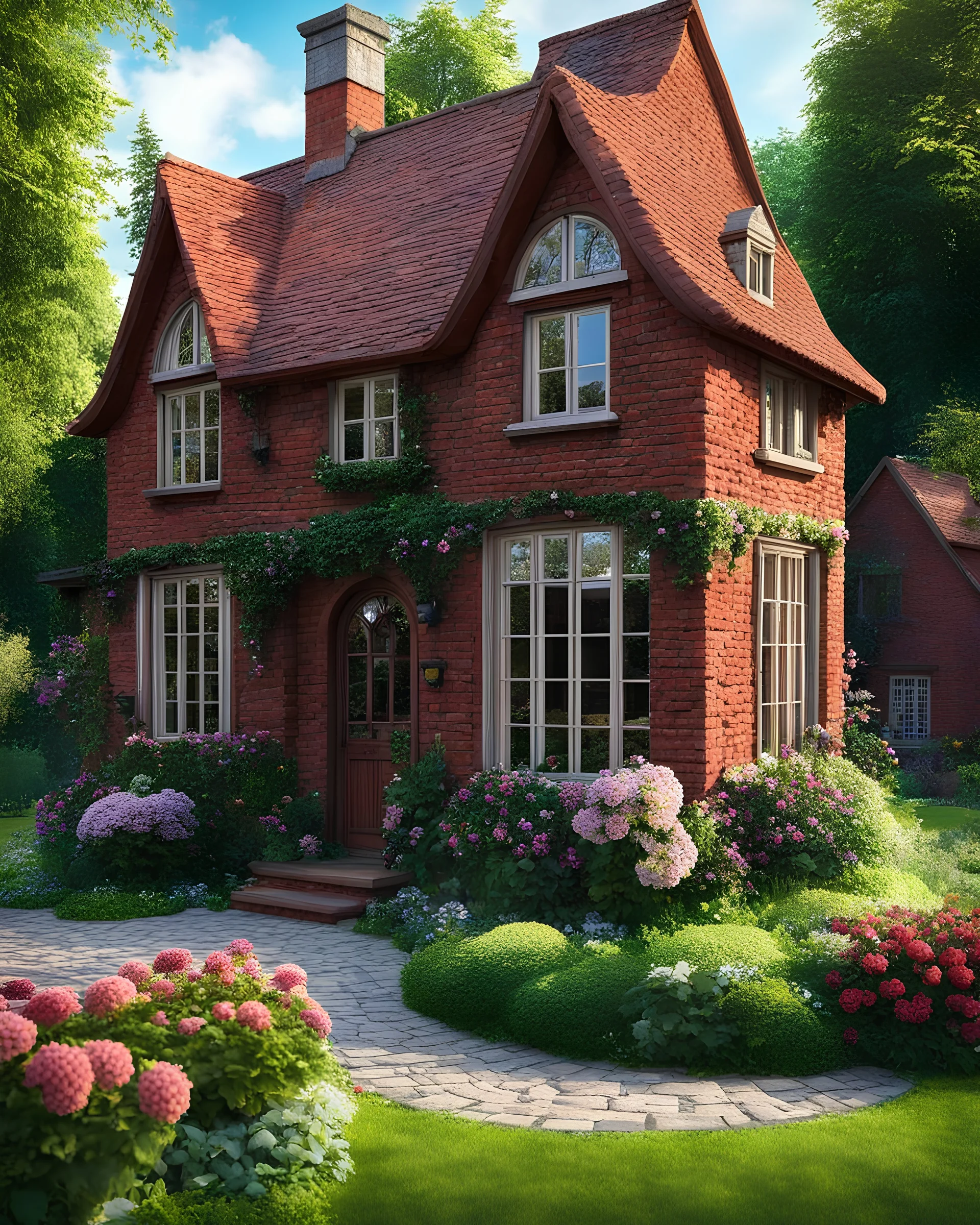 Old red brick house, cute, with many windows and with a gable roof and a tiny round window in attic, there are a lot of threes and flowers in the garden, beautiful cottage, small cottage, tiny old house, with a porch, realistic photo, 8K