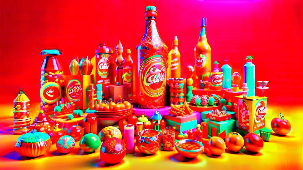 A 3D design of supermarket items such as Coca-Cola, Fanta, mineral water, chocolate, packaged cakes, chips, puffs, Nutella, Rani, candy, shampoo, detergent, soda, ice cream, cheese, cream and butter with an orange, red and white color theme in a special psychedelic space.
