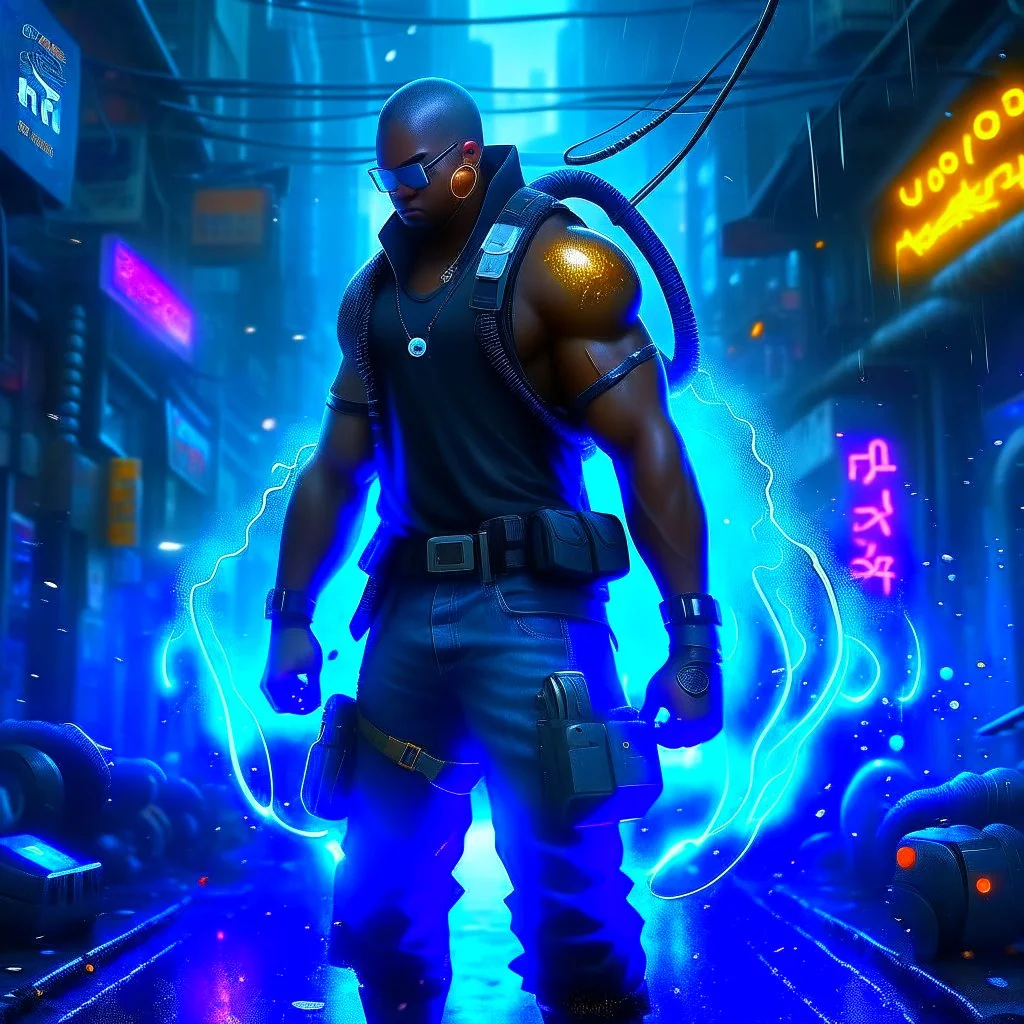 hyper-maximalism (raw), a large bald afro-american muscular cyborg man, extreme cybertech gear, detailed mechanical parts, baggy pants, sneakers, robotic arms, large backpack, cybernetic goggles, reflections, rain, plasma arm cannon blue plasma ball, abstract motion, running attack, looking at viewer, static electricity trail, large water splash, cyberpunk city scene, HDR, vray