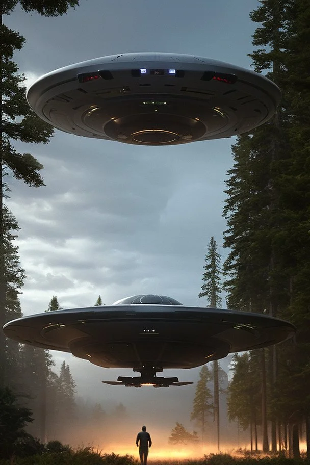 a bunch of school kids see 1 ufo flying over tall pine trees, concept art, by Asaf Hanuka, by Weta Digital, Electric Colors, Screen Space Global Illumination, in a symbolic and meaningful style, the craft has flat bottom,3 large lights underneath ufo glow with intense fury, kids running