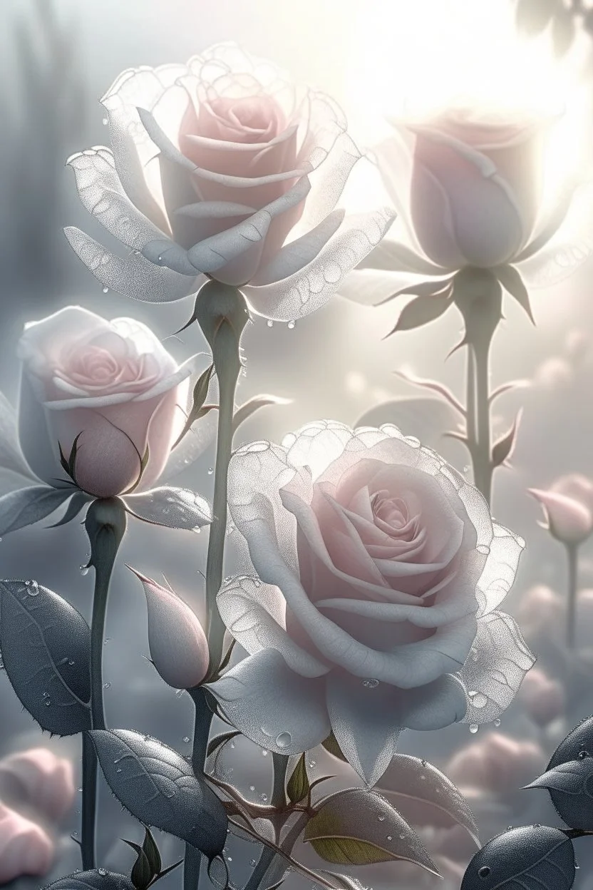 rose flowers,delicate petals,natural light ,sunlight,dew,fine ink drawing,landscape,fog,lots of details,realistic,high quality,3d, work of art,hyperdetalization,professionally,filigree,hazy haze,hyperrealism,transparent,delicate pastel tones,back lighting,contrast,fantastic,unreal,translucent,glowing,clear lines,horror,epic,fabulous,fabulous landscape