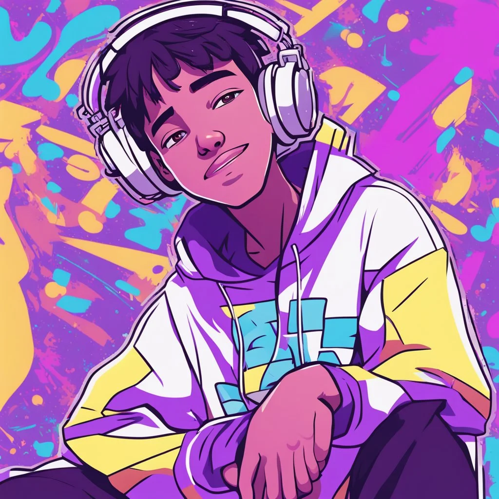 masterpiece, intricate details, a wide angle 2D anime bold line flat color illustration of a cheerful boy in a high purple hoodie and headphones in hip hop style, dopamine style, overlaying mixed patterns of pop art text and emoji device installations, sharp focus, charming character illustration, beautiful vibrant kuler palette gradient