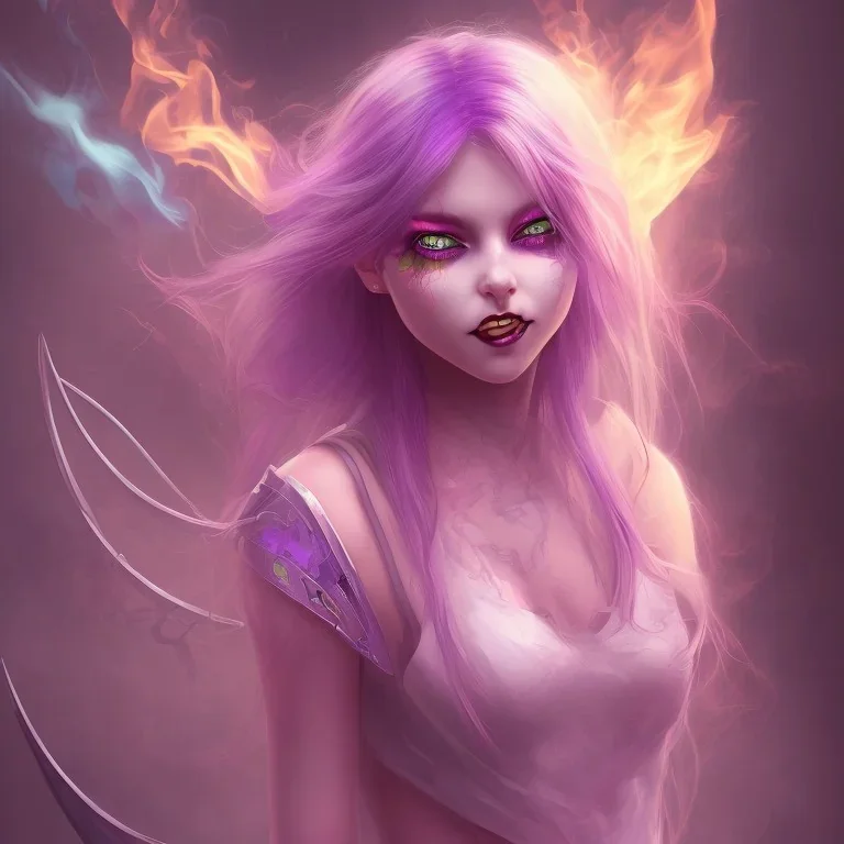 evil satanic girl with devil horns, colorful purple and blue hair, heart shaped eyes, smiling, blue flaming halo,