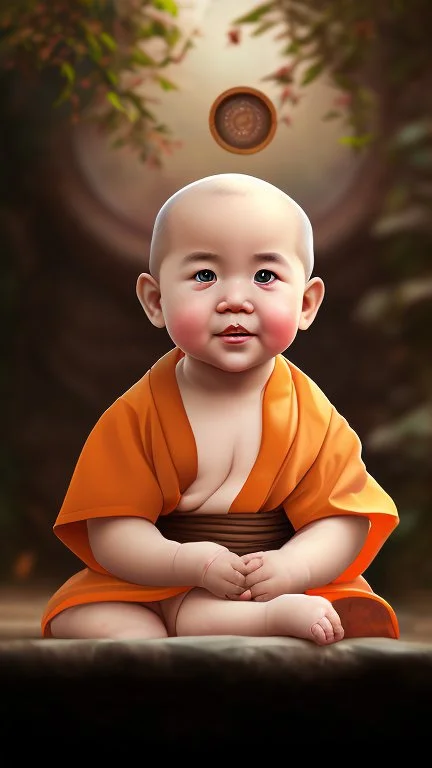 A 3-year-old monk boy with round cheeks, sitting, looking at the camera, monk costume, cute and cute, masterpiece, high quality, highly detailed.