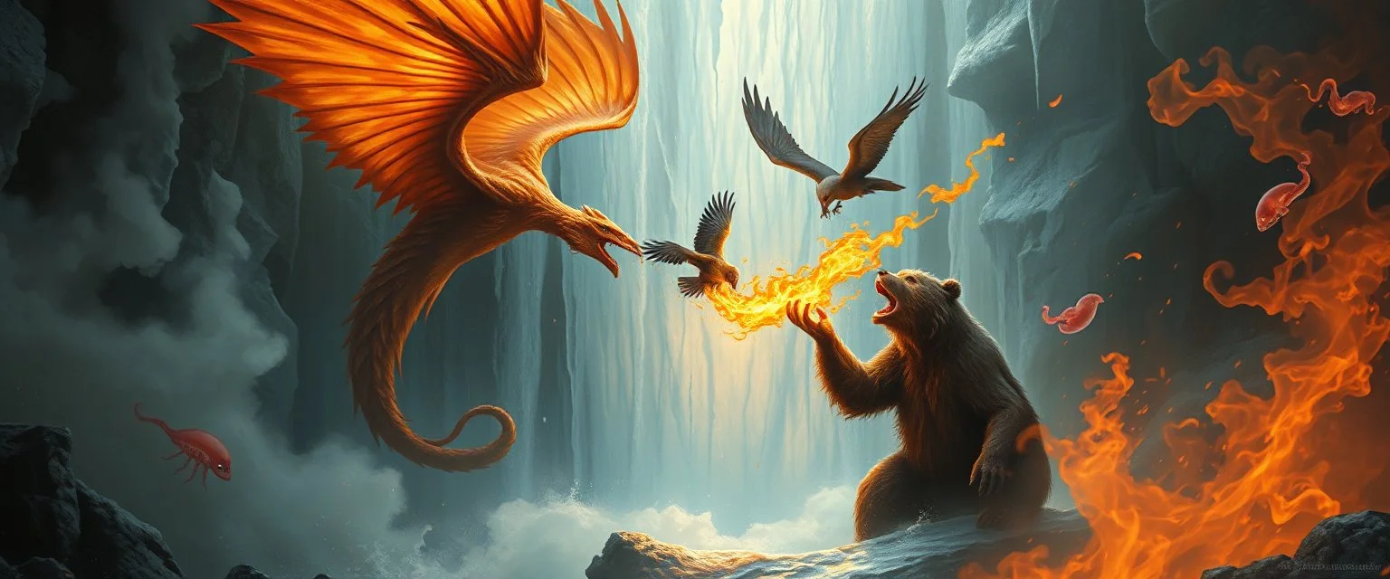 fire smoke and fog and light rays, phoenix jellyfish octopus bird witch bear dragon in icy waterfall looks beyond really powerful slapping a bird in the face with fire, fantasy illustration, in the style of Rembrandt