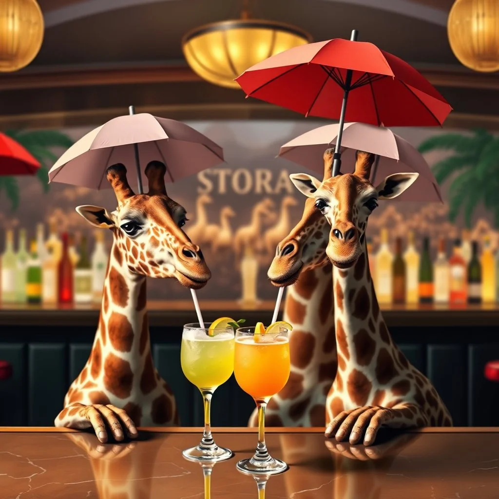 very Gay Giraffes standing in a bar drinking drinks with umbrellas