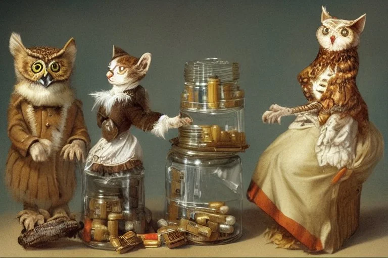 Jean-Baptiste Monge style. Full body of a humanoid biomorph kitten-owl faced nurse in hospital. Pills in jars and piles. A furry striped dress, covered with owl feathers, in sunshine