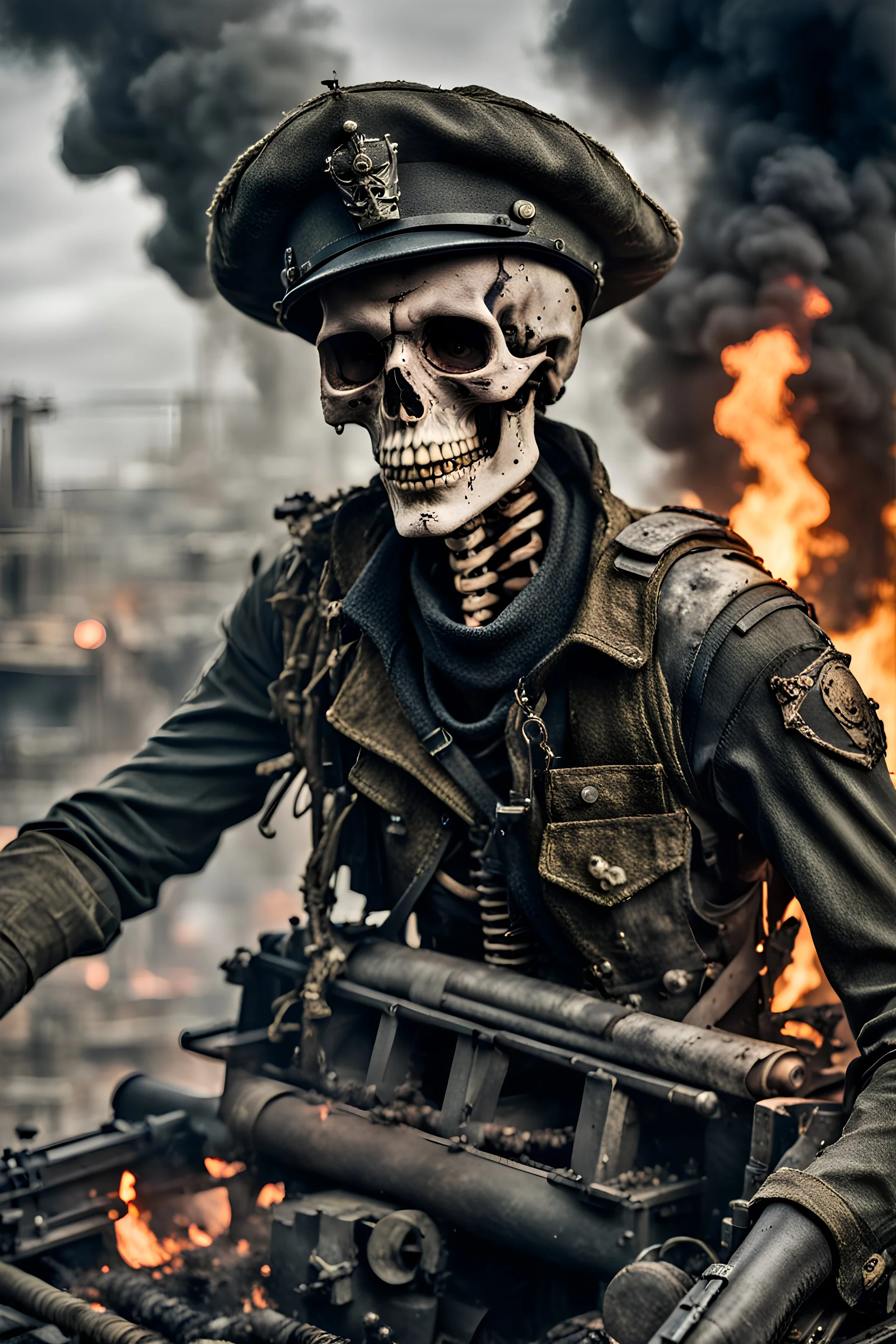 ultra high definition image of an attractive but scary looking skeleton, rising from the ashes, a war veteran, partially humanlike characteristics, army beret and ripped amo wear, very detailed, chaotic background, dramatic close-up action shot of him on a burned out war tanker with a torpedo on shoulder ready to fire and ammo ,gothic and dark theme, 12k