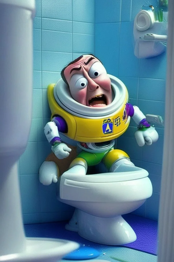 Buzz lightyear from Toy Story pooping on a toilet