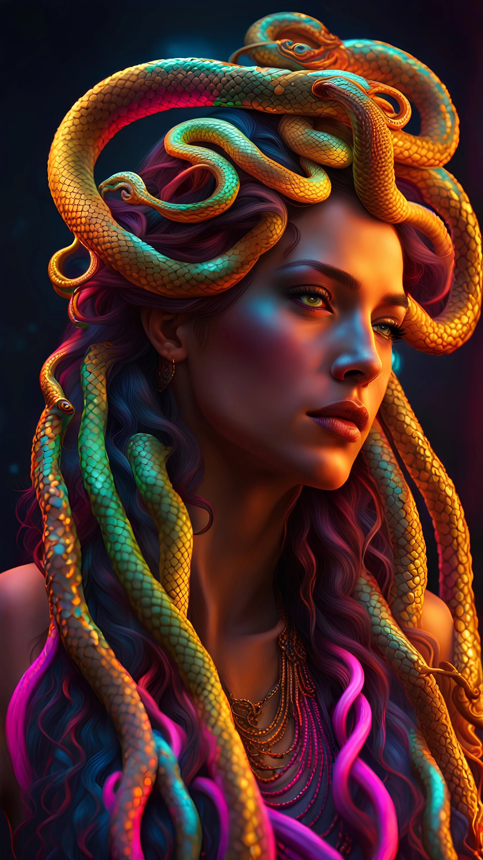 (neon medusa goddess portrait),(best quality,4k,8k,highres,masterpiece:1.2),ultra-detailed,(realistic,photorealistic,photo-realistic:1.37),vibrant colors, neon lights,glowing snakes as hair,scales on the face and body of the goddess, piercing golden eyes,cold and stoic expression,fierce and powerful pose, intricate jewelry and accessories, dark background with smoke and mist, ethereal and otherworldly atmosphere, Greek mythology theme