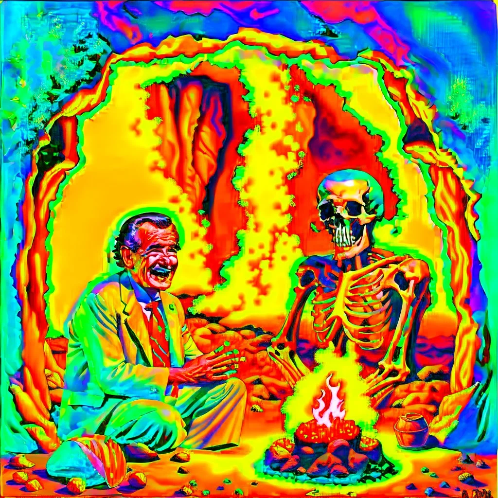 Saddam and George Bush in cave with fire and skull