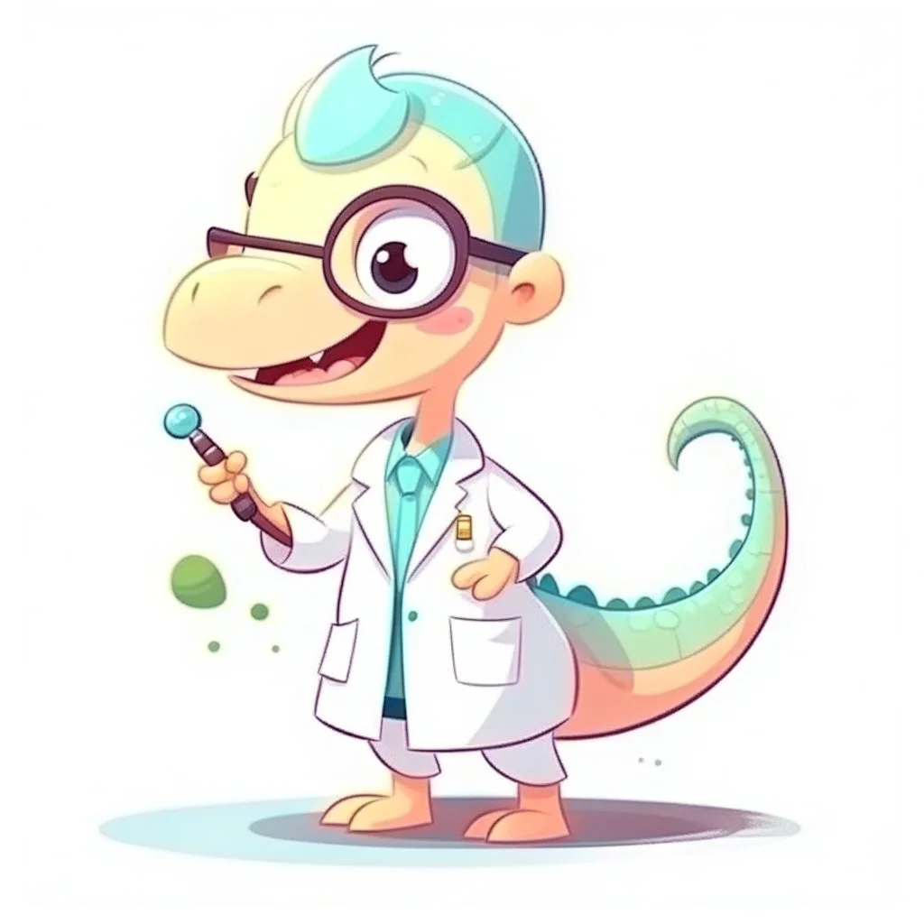 Cartoon illustration for children: Cute female dinosaurus in a white doctor's coat, holding a pincer